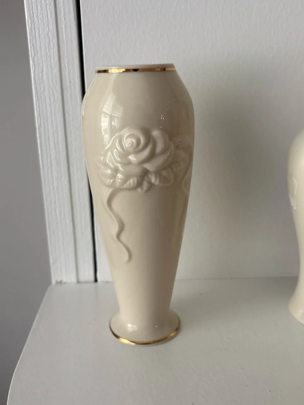 Lenox Cream Ceramic Floral Relief Vase Set with Gold Trim Accent